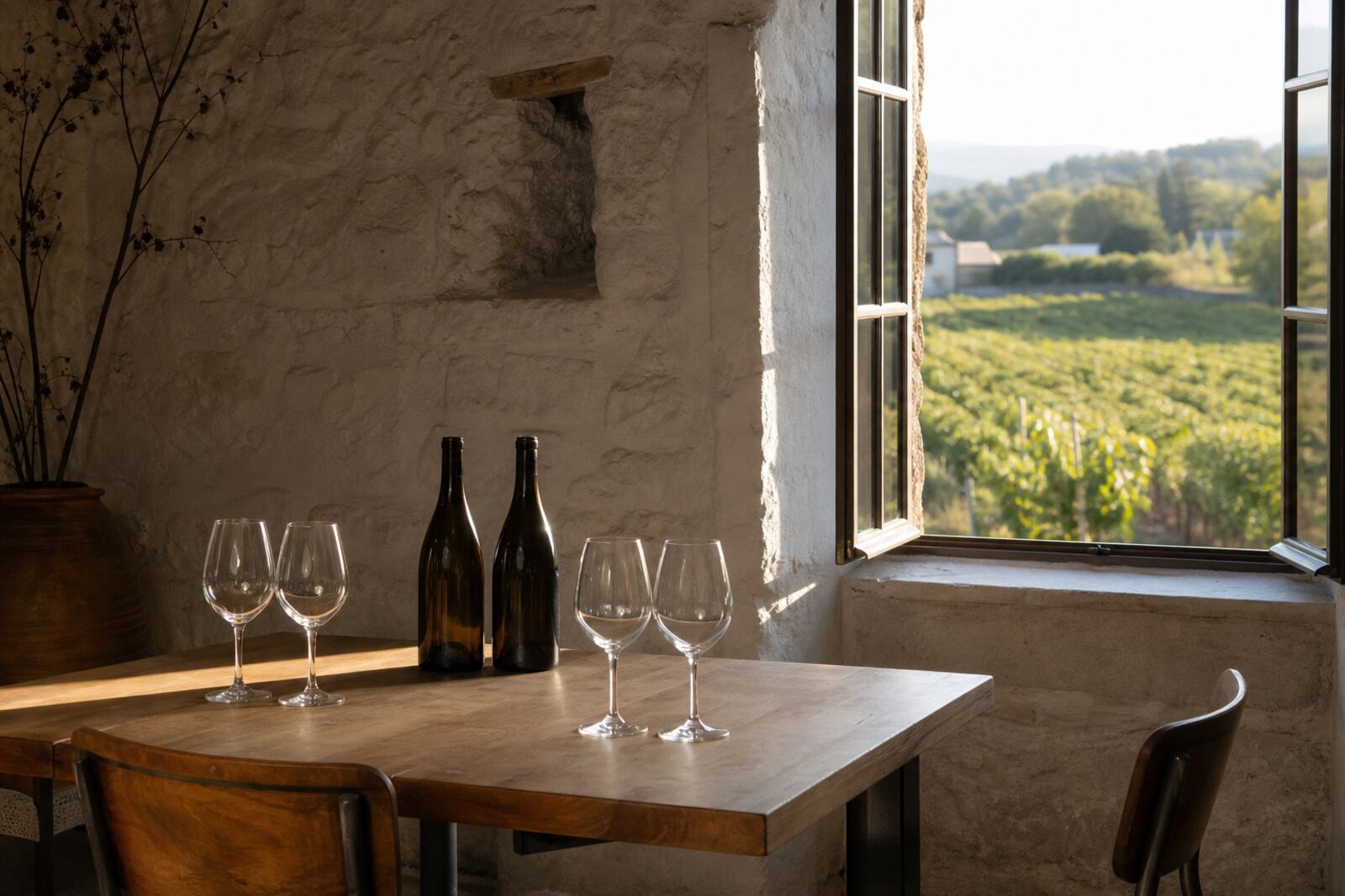 Un caveau de dégustation, table de bois, verres propres, fenêtre ouverte sur les vignes