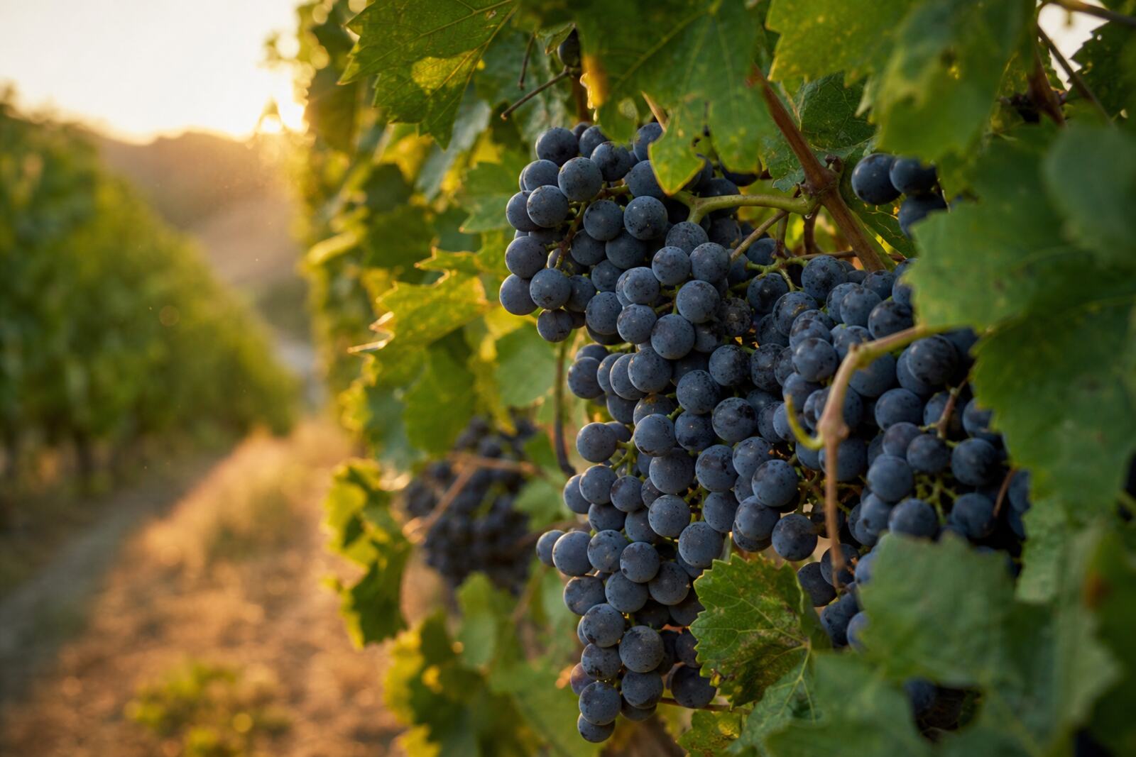 Des grappes mûres sur la vigne, à contre-jour en fin de journée